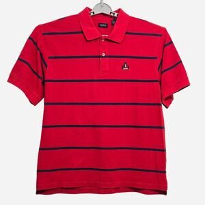 IZOD Men's XL Red Navy Striped Cotton Polo Shirt Short Sleeve